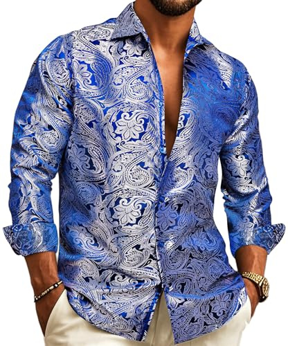 Barry.Wang Men Dress Shirt Silk Luxury Paisley Floral Long Sleeve Big and Tall Wedding Party Casual Business Formal Shirts Gold S-3XL