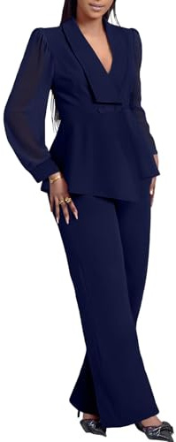 Annystore Pant Suits for Women Dressy Plus Size Sheer Puffy Sleeve Ruffle Peplum Jackets Flare Pants Blazer Set Formal Pantsuit Work Interview Outfit Navy Blue L