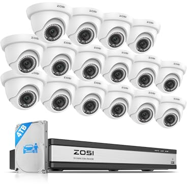 ZOSI 1080p Kit Cámaras de Vigilancia 16CH 2MP H.265+ Grabador DVR Sistema con 16pcs CCTV Cámara Seguridad Interior y Exterior, Visión Nocturna, Detección de Movimiento, 4TB Disco Duro