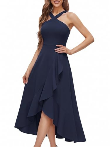 Fynadressr Women's Halter Neck Midi Dress Elegant Sleeveless High Low Ruffle Formal Cocktail Party Wedding Guest Dresses Navy M