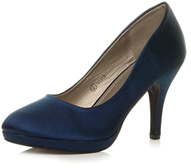 Womens Ladies mid high Heel Mary Jane Strap Evening Court Shoes Pumps, 6 UK, Navy Satin