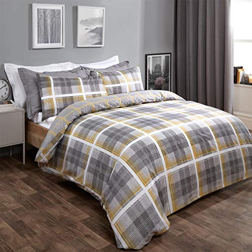 Dreamscene Denim Check Duvet Cover with Pillowcase Reversible Tartan Bedding Set, Ochre Yellow Charcoal - King