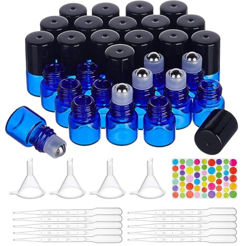 BENECREAT 30 Pack 1ml Bleu Bouteilles à rouler en verre Flacon roll-on d'huiles essentielles avec des billes à rouleaux en acier inoxydable