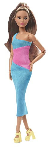 Barbie Looks Puppe - Brünett, Knielanges One-Shoulder-Kleid im Colorblock-Stil, Bewegliche Körperform, Stylen und Posen, Mode-Sammelfiguren, für Kinder ab 3 Jahren, HJW82