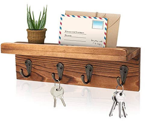 HRONRAD Rustic Key Holder for Wall, Farmhouse Wall Shelf with 4 Hooks, Wall Mounted Key Racks, Wooden Mail Organizer with Hooks for Entryway (Brown - Pine)