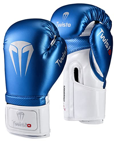 Twisto Boxing Gloves - Pro Training & Sparring, Maya Hide Leather, Muay Thai, MMA, Kickboxing, Men, Women, Adults, Heavy Punching Bag, Focus Mitts, Pads, Gym Workout (Metallic Blue, 14 oz)