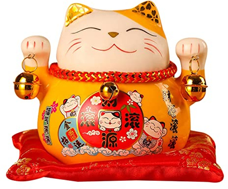 Tyenaza Gato Maneki Neko, Gato de La Suerte de Cerámica, Hucha Gato de la Suerte, 4,5 Pulgadas Gato de la Suerte Feng Shui Chino Figura Hucha, para Decoración del Hogar Regalos de Cumpleaños(Amarillo)