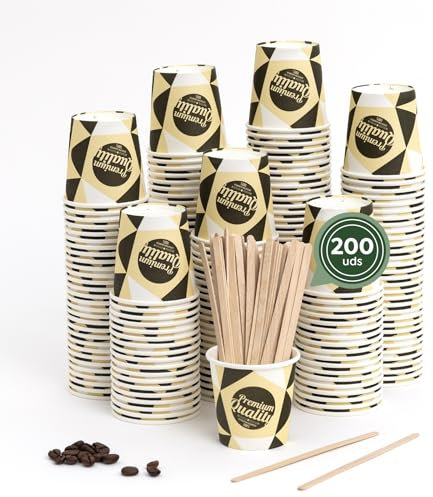 Horeca Collection MAXI PRODUCTS - 200 Unidades Vasos Café Desechables con Paletina - Vasos Cartón 120 cc - Vasos Desechables Catering - Vasos Café para Llevar - APTO BEBIDAS CALIENTES Y FRÍAS