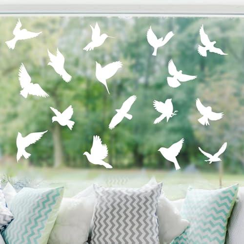Calcomanías Anticolisión Ventanas Pájaros, 16 Pegatinas Anticolisión de Pájaros, PVC Pegatinas Estáticas Aves, Gran Tamaño de Alerta de Película Translúcida para Ventanas de Puertas Acristaladas