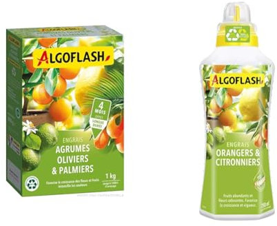 ALGOFLASH Engrais Agrumes, Olivers, Palmiers, Longue Durée, 1 kg, MED1R & Algoflash Engrais Orangers et Citronniers, Bouchon Doseur Inclus, 750 ml, ALIAGR750N