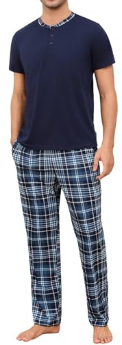 Aseniza Pigiama Uomo Top Girocollo a Maniche Corte e Pantaloni Lunghi a Quadri Pigiama da Due Pezzi Abbigliamento da Casa Comodo Blu Navy M
