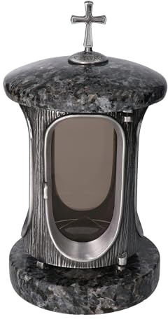 Snygg gravlykta i granit, lablador, höjd 23 cm/Ø 15 cm, silver med kors