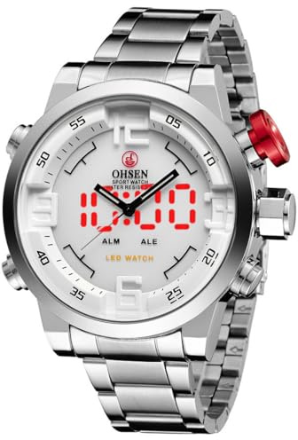 Alienwork DualTime Orologio Analogico-LED Uomo Donna Argento Bracciale in Acciaio Calendario Data-Mese-anno Bianco Multi-funzione Multi-Fuso Orario