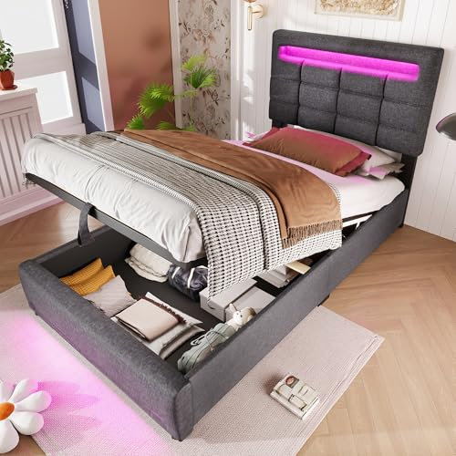 Polsterbett Einzelbett 90x200, LED Jugendbett Hydraulisch Stauraumbett mit Stauraum & Lattenrost, Kopfteil mit USB Ladefunktion, Bettgestell für Erwachsene & Jugendliche, Leinen, Ohne Matratze, Grau