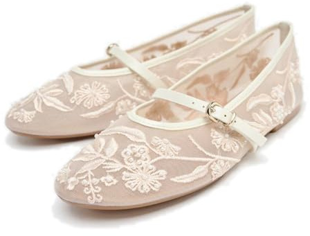 Mesh Ballet Flats for Women Embroidered Floral Mary Jane Flats Round Toe Slip On Ballerina Shoes Comfortable Casual Daily Dress Flat Shoes, White, 6 UK
