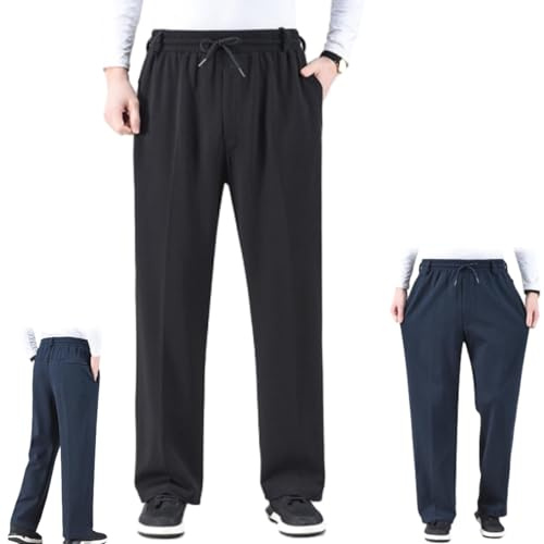 CupitiDU Pantaloni da uomo elasticizzati in vita per anziani, casual, anziani, con cerniera, a vita alta, comodi pantaloni da jogging da uomo (nero, L)