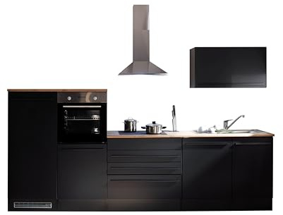 Jazz 4 Moderne Küchenzeile mit Elektrogeräten in Schwarz matt, Lanzelot Eiche Optik - Geräumige Einbauküche mit viel Stauraum - 320 x 200 x 60 cm (B/H/T)