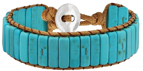 Hanary Blue Natural Stone Wrap Bracelets for Women Men Bohemian Bracelets Created Turquoise Rectangular Beads Jewelry