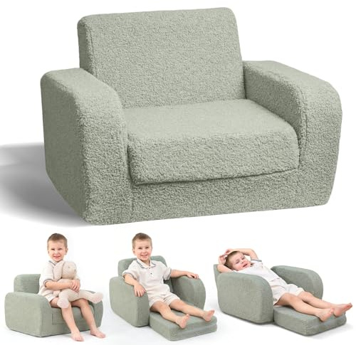 KidBloom 3 in 1 Kids Sofa Bed, Green Foldable Toddler Chair, Plush Baby Sofa, Baby Chairs 1 Year Old