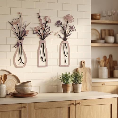 HUASUN Set de 3 Decoraciones de Pared de Metal con Flores – Estilo Boho Rústico, Esculturas con Florero y Siluetas Minimalistas, Arte para Salón, Dormitorio o Cocina (Rosa claro)