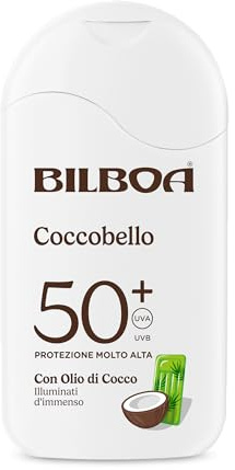 Bilboa, Coccobello, Latte Solare SPF 50+, Crema Solare Illuminante con Olio di Cocco e Vitamina E, Idrata e Illumina la Pelle, Resistente all’Acqua, 200 ml