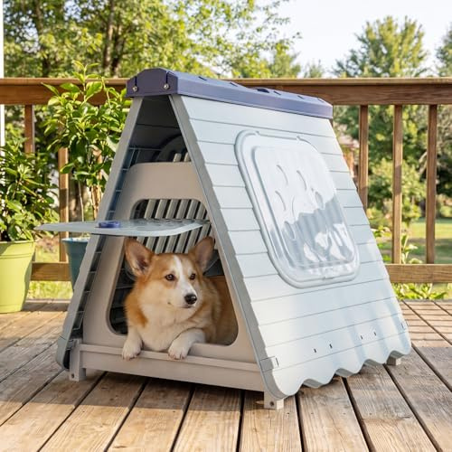 COSTWAY Hundkennel för utomhusbruk, hopfällbart hundhus av plast, bärbart hundhus med låsbar flik, ventilerat fönster för små och medelstora hundar, 72 x 60 x 68 cm (blå)
