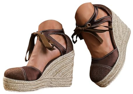 Générique Espadrilles Compensées À Semelle Corde Tressée Pour Femme, Bout Mixte Toile Et Simili-Cuir Métallisé, Bride De Cheville À Lacet À Nouer, Chaussures D'été Élégantes