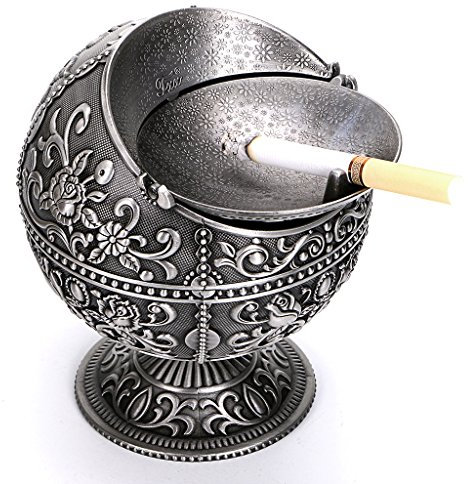 BSTKY Windfester Vintage-Aschenbecher mit Deckel – Klassisches Burgenmuster, Tisch-Aschenbecher, für drinnen und draußen, Retro, für zu Hause, Büro, als Dekoration silber