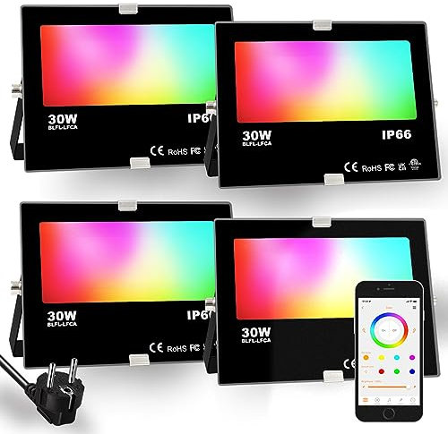 iLC RGB LED Strahler 30W, RGBW-Farbwechsel Flutlicht entspricht 300 W, 16 million Farben Gruppierung Timer, 2700K Warmweiß, Wasserschutzart IP66 Außen Innen (4er-Pack)…