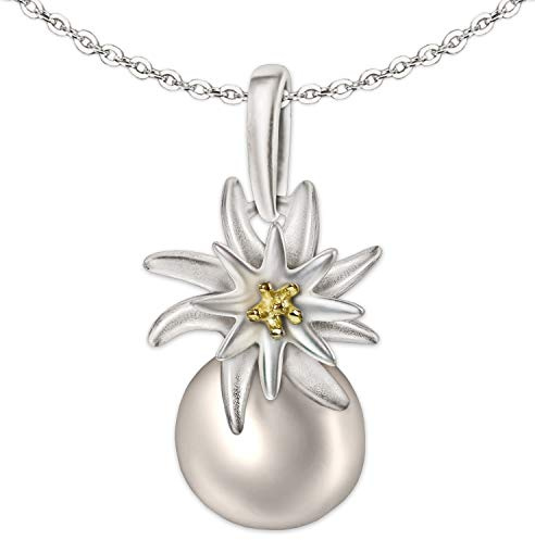 Clever Schmuck Set di piccoli ciondoli da donna in argento con stella alpina su perla d'acqua dolce, 15 x 11 mm, petali lucidi e catenina a pisello da 45 cm, in argento Sterling 925