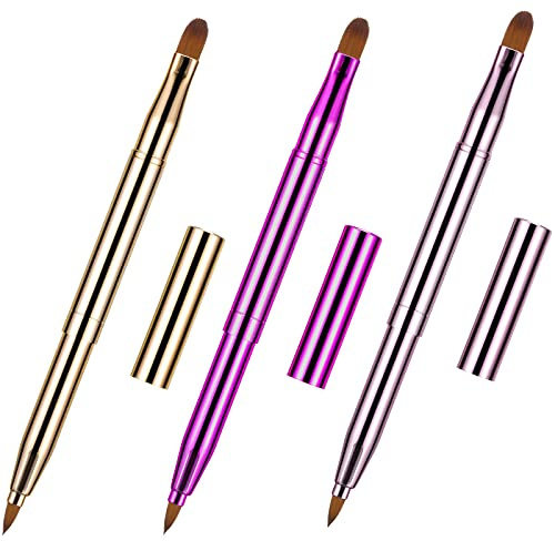 TOODOO 3 Pack Retractable Lip Brush for Lipstick with Cap Dual-ended Liner Foundation Makeup Brush Sets Travel Applicators(Gold, Purple, Bright Pink)