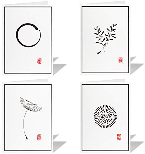 4er Set Trauerkarten mit Umschlag, Klappkarten-Motive: Pusteblume, Zweige, Energie, Enso/moderne Beileidskarten, hochwertige Kondolenzkarten - Stempel (71.7)