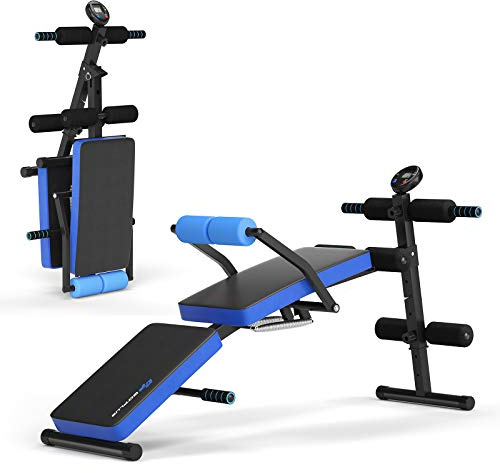 COSTWAY Sit Up Bench, Foldable Abdominal Training Workout Machine with LCD Monitor and 5 Adjustable Positions, Flat Incline Decline Curved Benches for Home Office Gym (Blue)