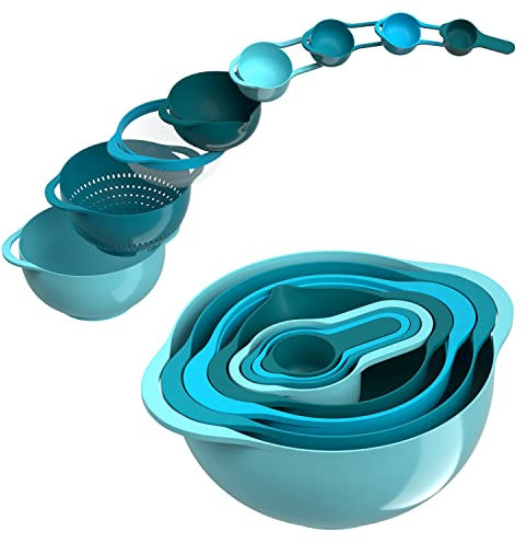 Rührschüsseln, Kunststoff, stapelbar, 8 Stück, Küchenhelfer für Wohnungen, platzsparend, inklusive Messbecher, Sieb, einfache Lagerung, Kochen, Backen, Wohnmobil-Zubehör, kein BPA