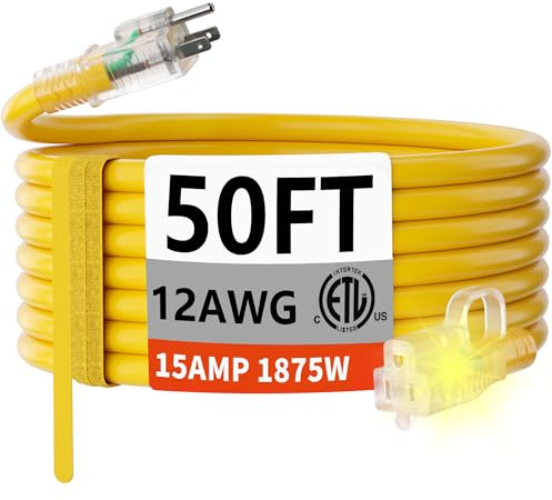 HUANCHAIN 12 Gauge Heavy Duty Extension Cord 50 FT Waterproof Yellow