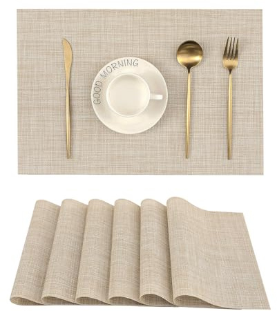 Leetaltree Beige Placemats Set of 6 - Heat-Resistant, Non-Slip Table Mats, Washable Woven Vinyl for Indoor & Outdoor Dining