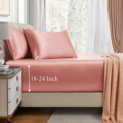 VACVELT 3pcs Extra Deep Pocket Satin Fitted Sheet Set Queen Bed Set, Rose Gold Bottom Sheet Fit 18-24 Inch Deep Pocket Mattress, Silky Bedding Set Soft & Ultra Deep Fitted Sheet & 2 Pillowcase