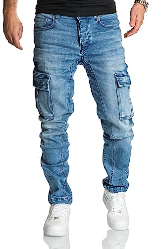 REPUBLIX Herren Cargo Jeans Regular Slim Denim Hose Destroyed R7977 Hellblau W34/L34