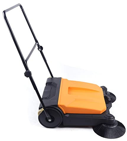 Barredora comercial para caminar detrás de 26 pulgadas, barredora industrial de piso de empuje manual para interiores y exteriores, barredora manual plegable con cubo de basura de 4 galones para