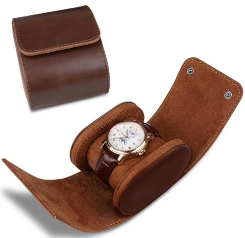 RoYiio 1 Slots Zylindrische Uhrenbox, Uhrenrolle Reisetasche Vintage Uhrengehäuse für Männer Frauen - Braun Upgrade-Version
