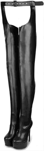 Emfnzd Bottes à talons hauts unisexes avec ceinture de taille sexy au-dessus du genou plateforme grande taille, Noir, 47 EU
