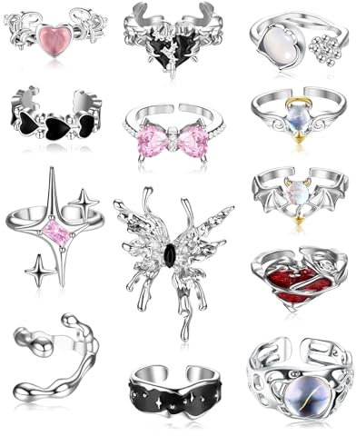 Krfy 13 Stück Y2K Ringe für Frauen Mädchen Kinder Stressabbau Fidget Ring Verstellbar Silber Ring Damen Boho Damen Ringe Set