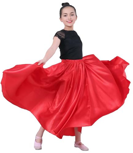 Baisdan Bauchtanzrock für Mädchen, glänzender Satin, voller langer Rock für Bauchtanz, Flamenco-Tanz, Performance-Kostüm, rot, 8-12 Jahre