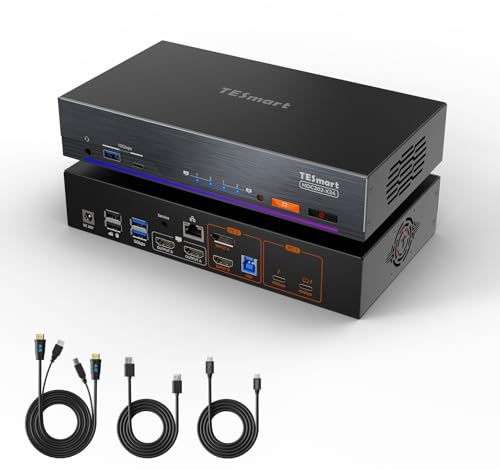 TESmart KVM Switch Thunderbolt 4 Doble Monitor 4K 60Hz, Conmutador KVM para 1 Portátil (Carga 60W) y 1 PC (HDMI 2.0 + DP 1.2), Hub USB 3.0, Red Gigabit, EDID, Incluye Cables y Mando