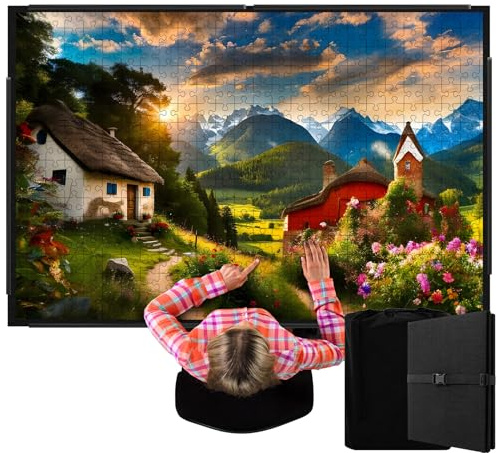 Fanfanwin 3000 Pieces Folding Felt Jigsaw Puzzle Foldable Board Mat with Non Slip Surface Puzzle Mat 55 x 37 Extra Large Portable Jigsaw Board with Storage Bag for Adults Tray(Black)