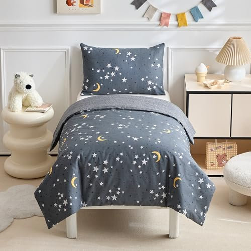 DuShow Cotton Cot Bed Duvet Cover Set,Gray Moon Toddler Duvet And Pillow Set For Boys,Reversible Junior Toddler Bedding Set Moon-120 x 150 cm