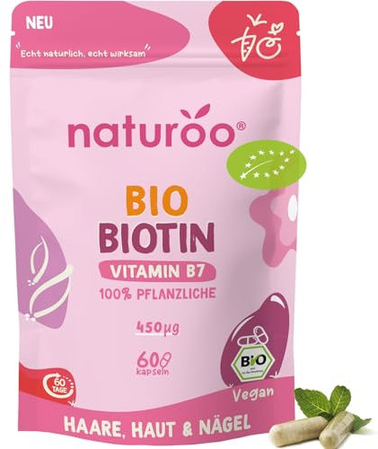 Bio Biotin Vitamin B7 : 100% Natürlich & Hochwertig | 60 Kapseln vegan hochdosiert für 2 Monate | 450 µg aus Bio-Pflanzenextrakten für Haare, Haut, Nägel & Nervensystem, für Männer und Frauen