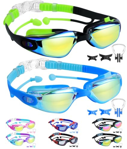 Vvinca Kids Swimming Goggles, 2 Packs Swim Goggles with Earplugs& Nose Clip Anti Fog/UV Leak-proof Clear Mirrored Easy Adjust No Hair Pull for Kids Youth Teens Boys Girls Age 3-15