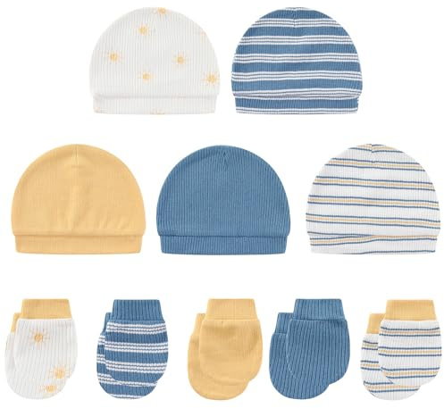 MAMIMAKA Baby Hat and Mittens Set Cotton Newborn Baby Hats Caps for Boys and Girls, 0-6 Months