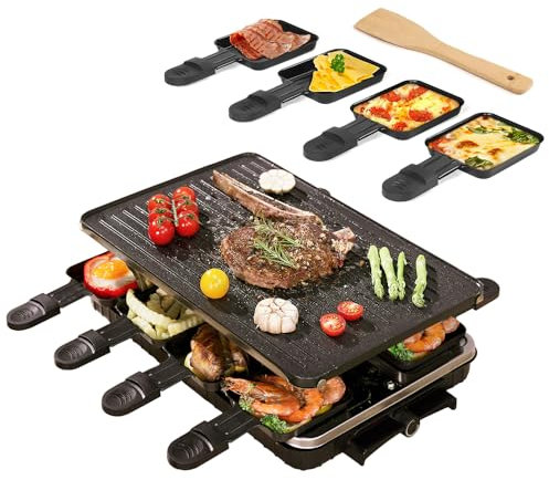 YUEWO Raclette Grill 2 in 1 BBQ with Reversible Non-stick Grill Plate Outdoor & Indoor Electric Barbecue 1300W Temperature Adjustable